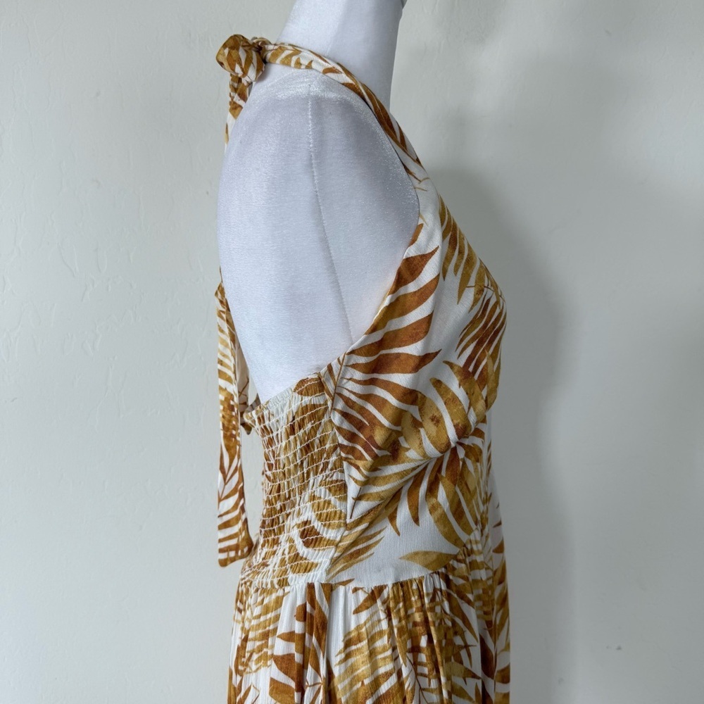 Lush Golden Yellow Palm Leaf Plant V Neck Halter Lightweight Maxi Dress Large - Picture 7 of 9